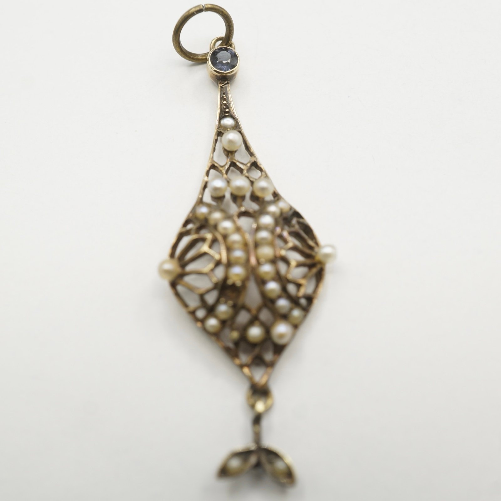 c.1880 Victorian Pendant Lavalier Blue Sapphire Seed Pearls 14k Solid Gold