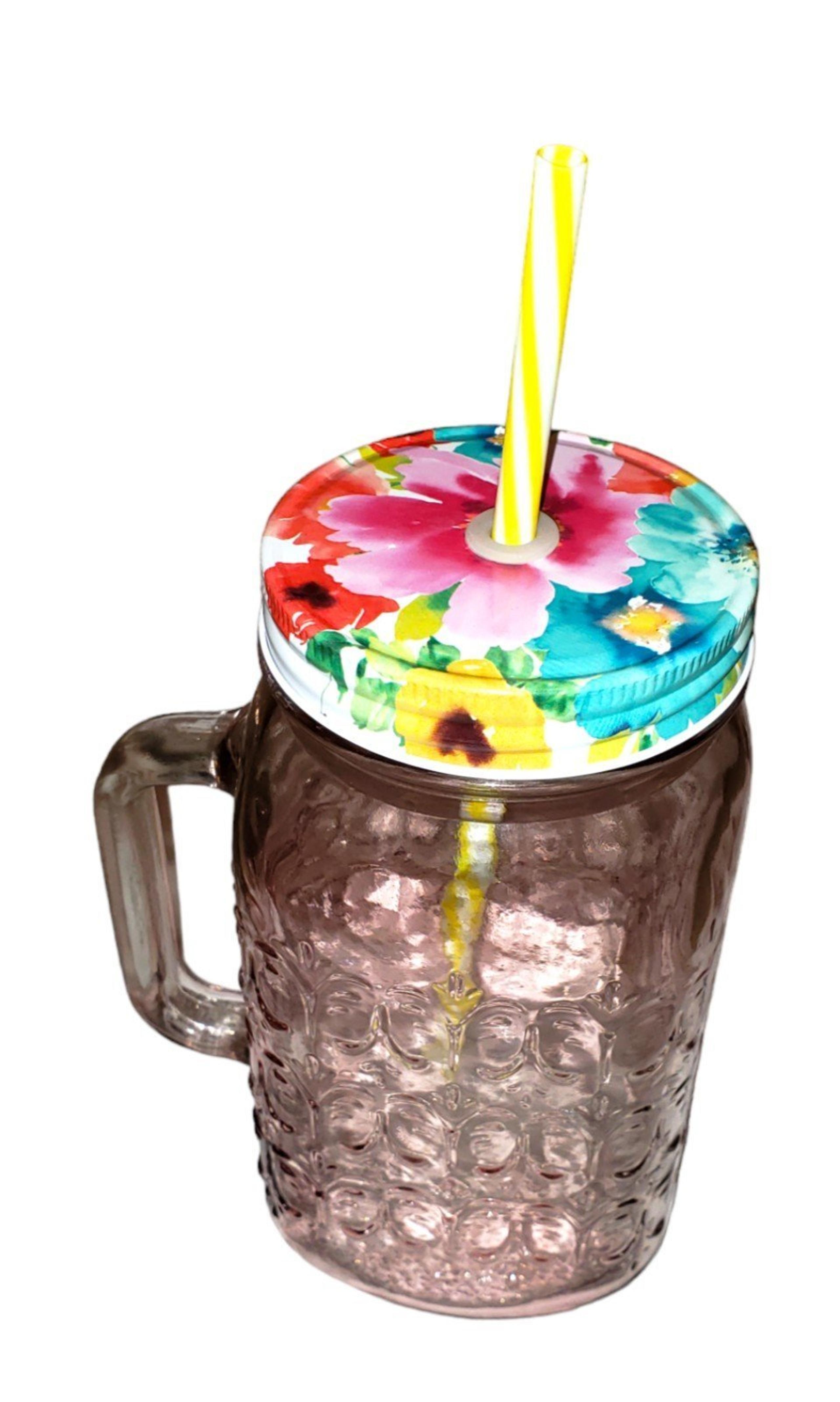 Pioneer Woman Sunny Days 32oz Glass Mason Jar Lid Straw Rose Glass Pink Mug