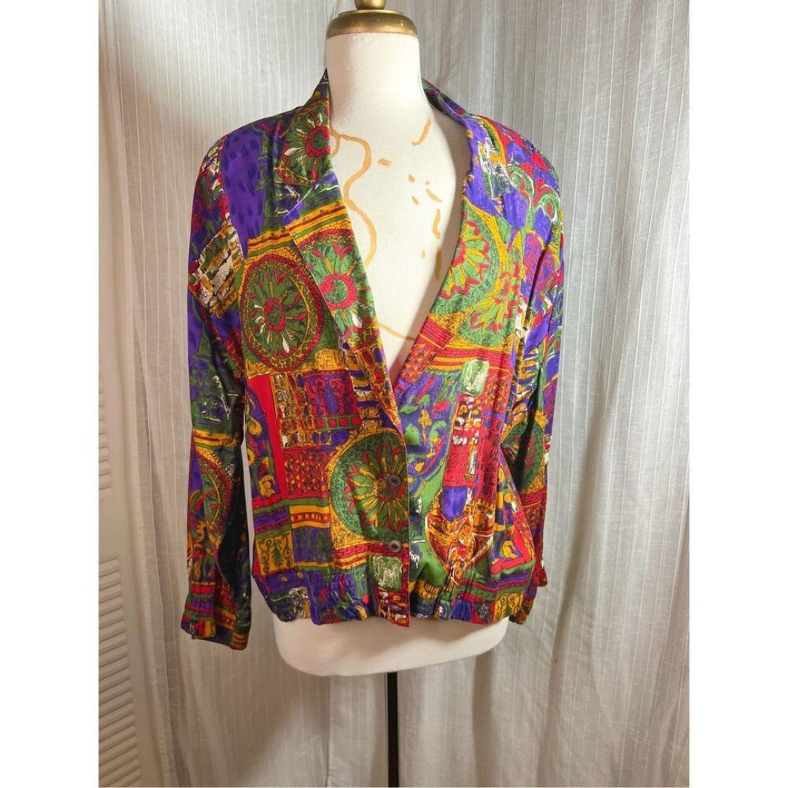 Lucia | Women’s | Blouses | Size 10 | Vintage Abstract Colorful Deep V Cut Blous