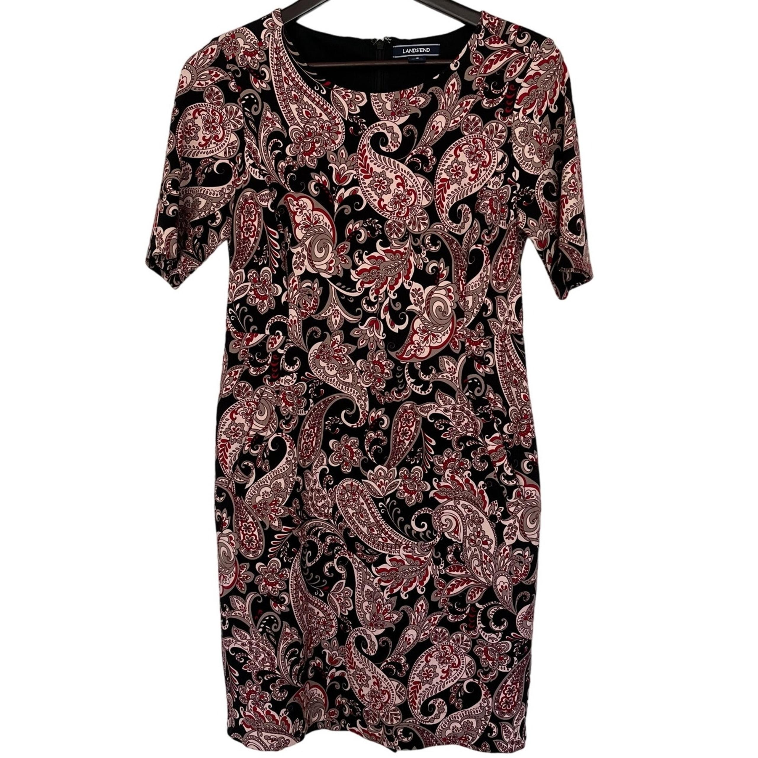 Lands End Paisley Dress Black/Blush Size 8 Short Sleeve Pockets Knee length
