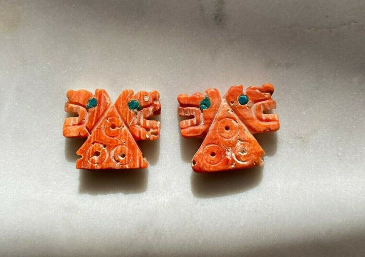 2 Pre Columbian Moche Culture Double Jaguar Head Pendants CA 100 to 800 Ad