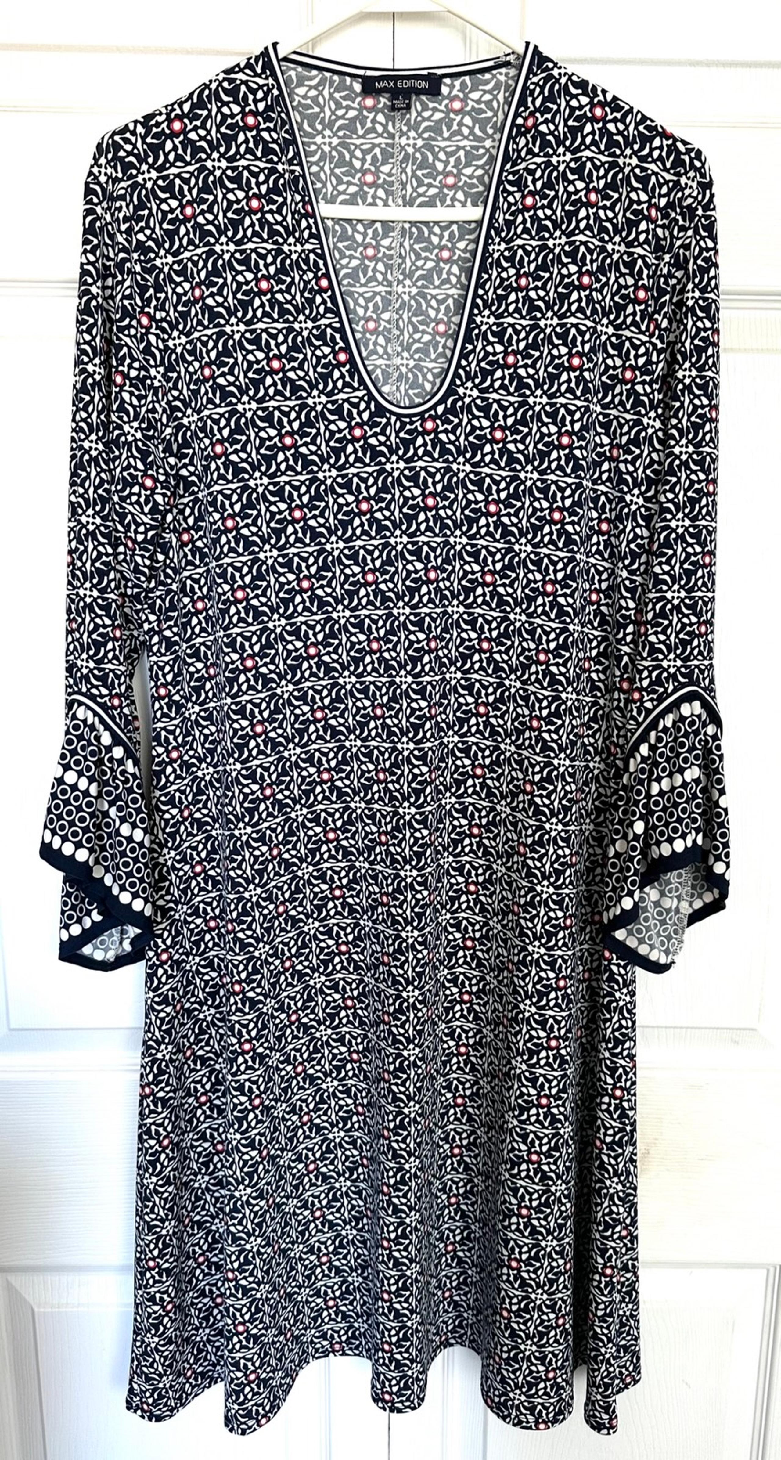 Max Edition Navy Geometric Print Bell Sleeve Dress-Size Large