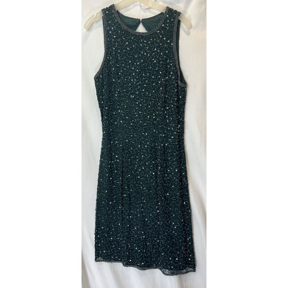Vintage 90s Y2K Prom Dress Size XS Green Open Back Evening Beaded Mini Dress