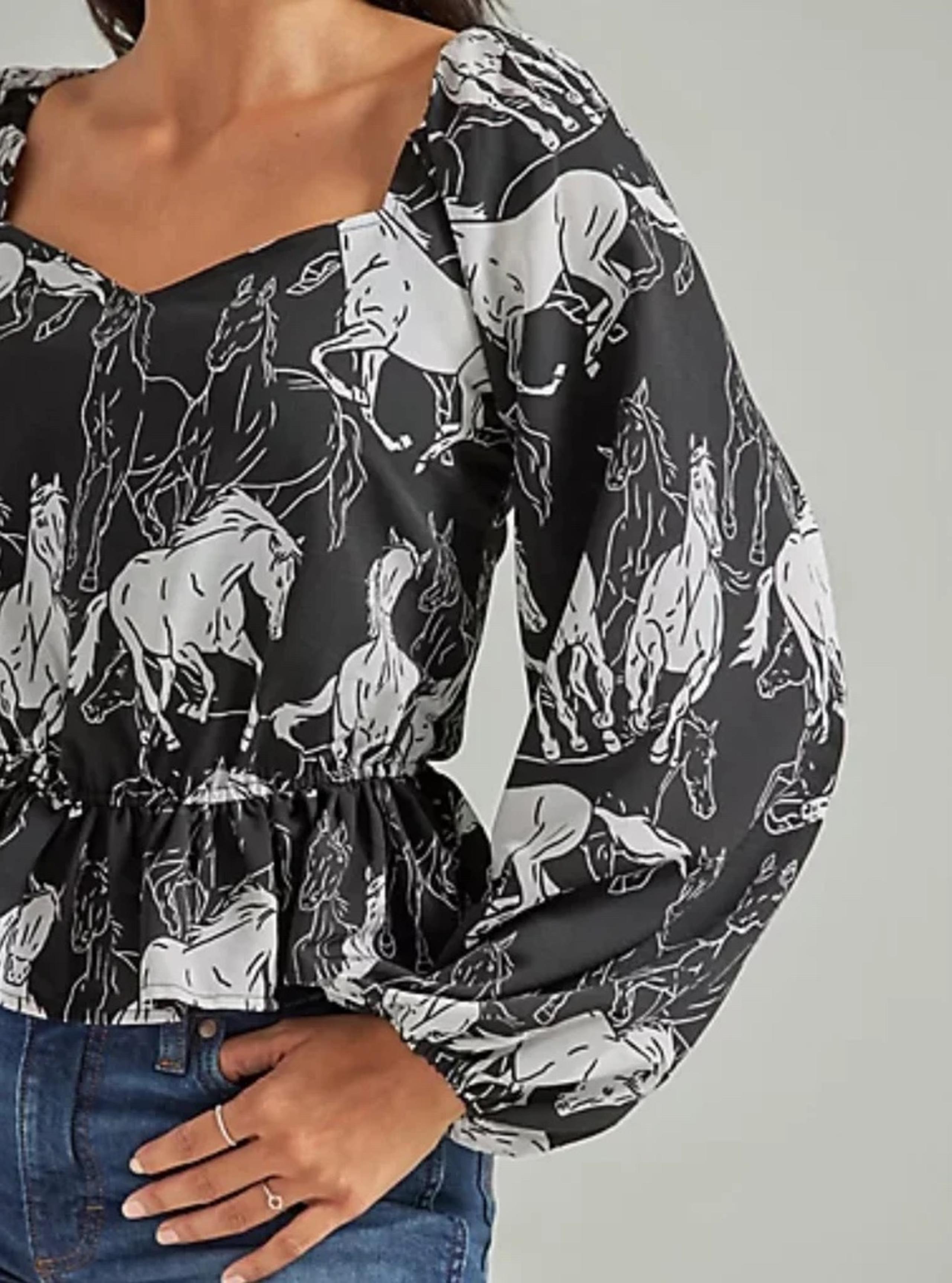 Wrangler Retro Horse Print Puff Long Sleeve Peplum Top Size L