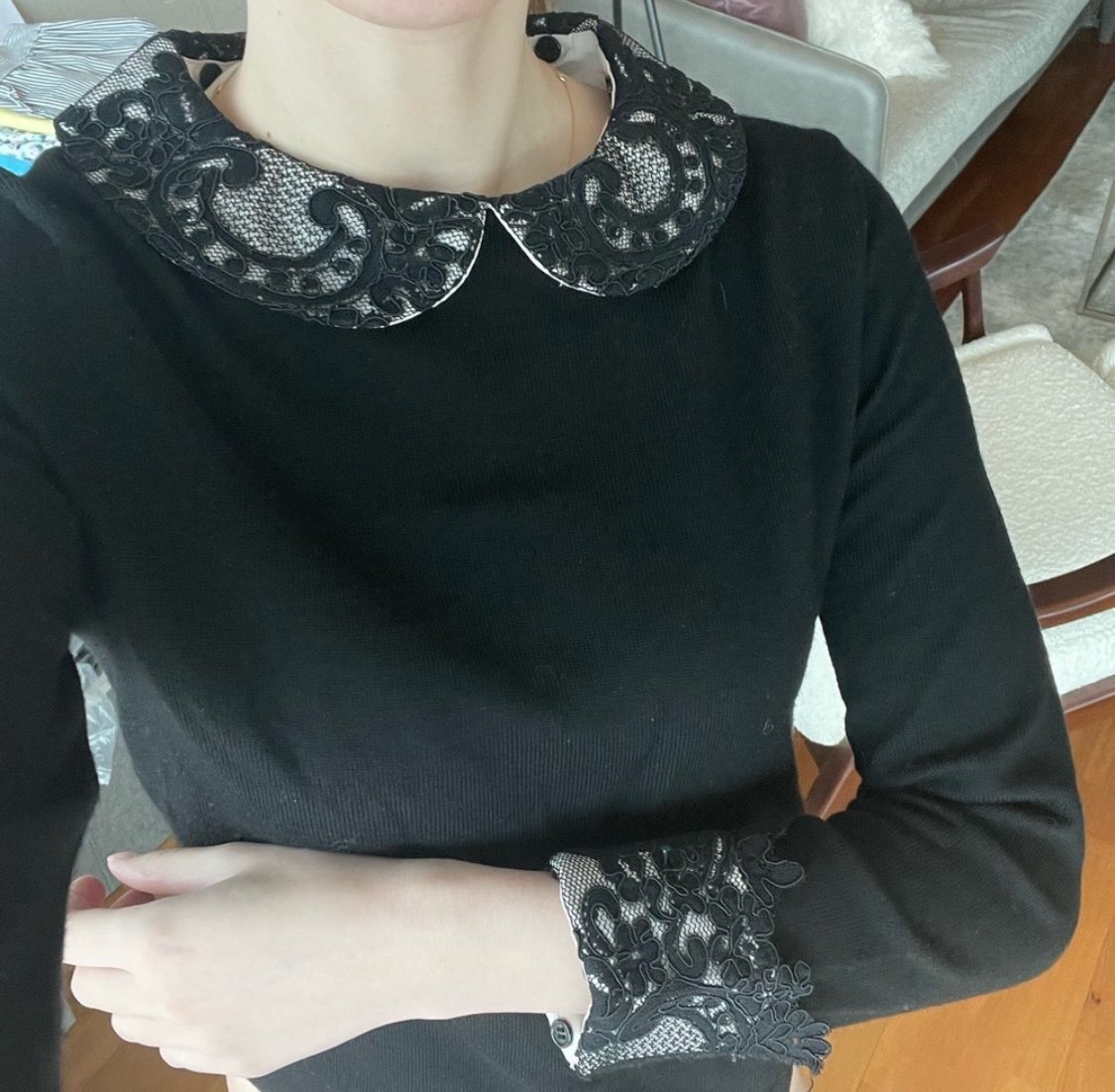 Alice + Olivia Lynda Lace Collared Wool Sweater - Black Size Small