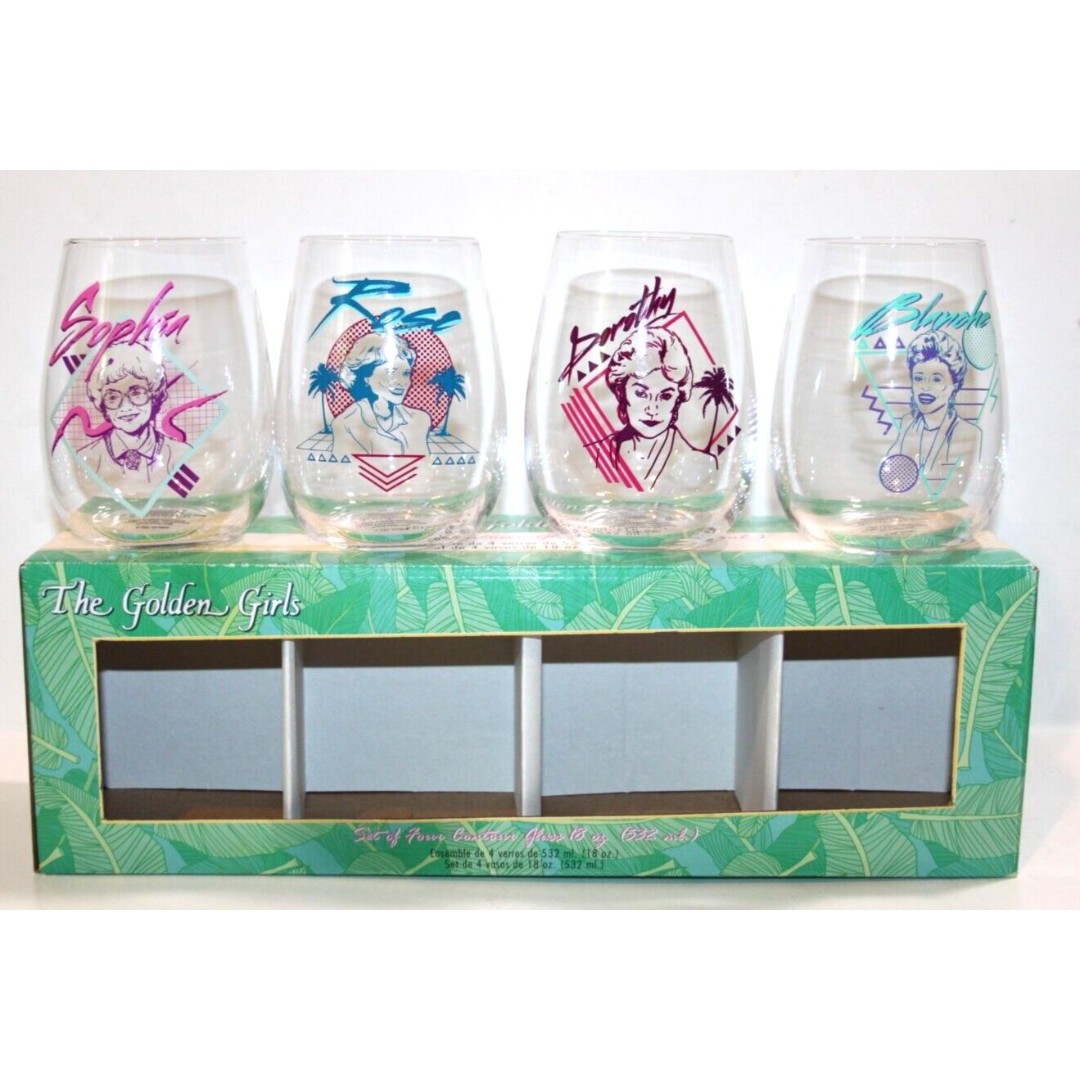 Bio World The Golden Girls Retro Stemless Wine Water Glass Set 4 Contour 18 oz