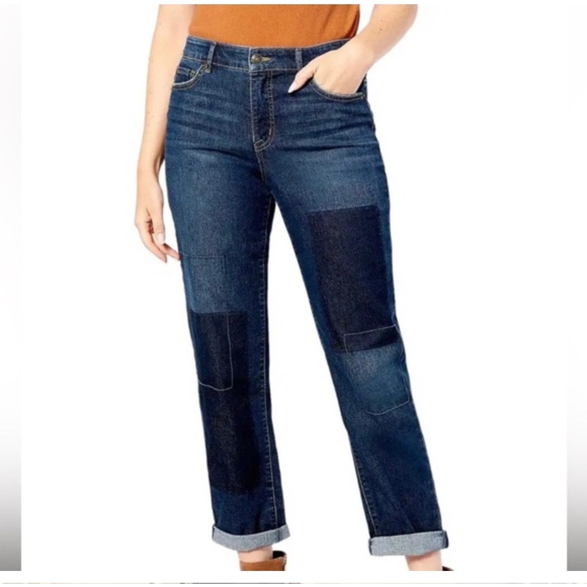 LOGO Lori Goldstein Jeans Shadow Patchwork Boyfriend 6P Petite Dark Wash