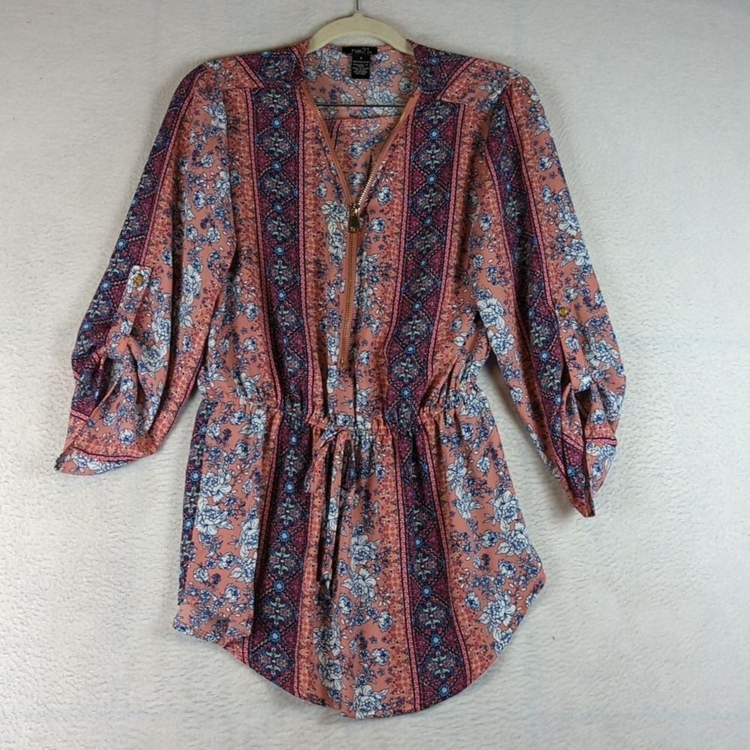 Rue21 Women's Pink Chiffon 3/4 Sleeve Zipper Cinched Waist Blouse Size S