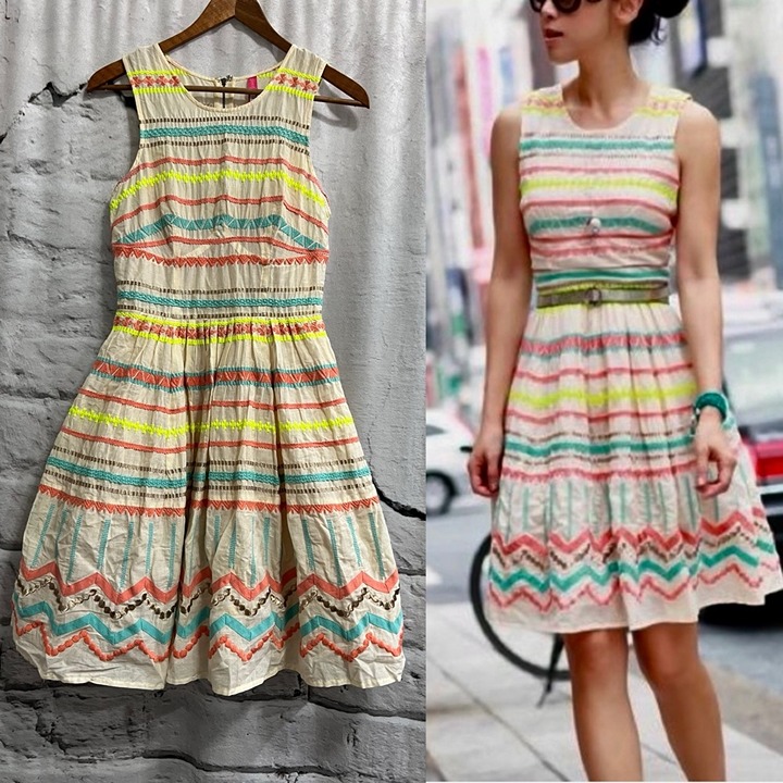 Plenty by Tracy Reese Sunglow Striped Neon Sleeveless Embroidered Ribbon Dress