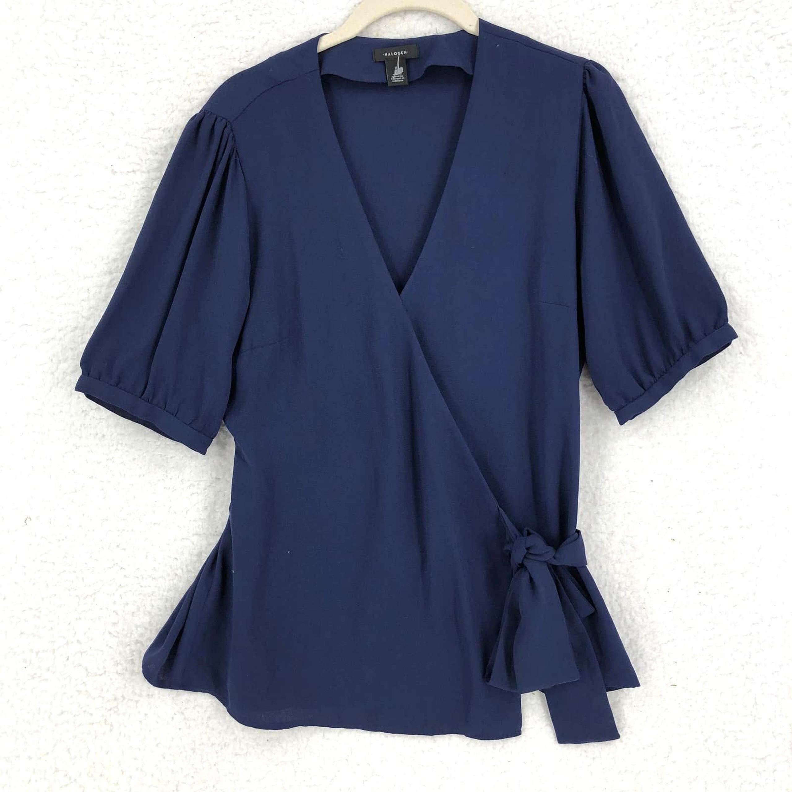 Halogen Womens Wrap Top S Blue Side Tie Surplice Neckline Short Puff Sleeve