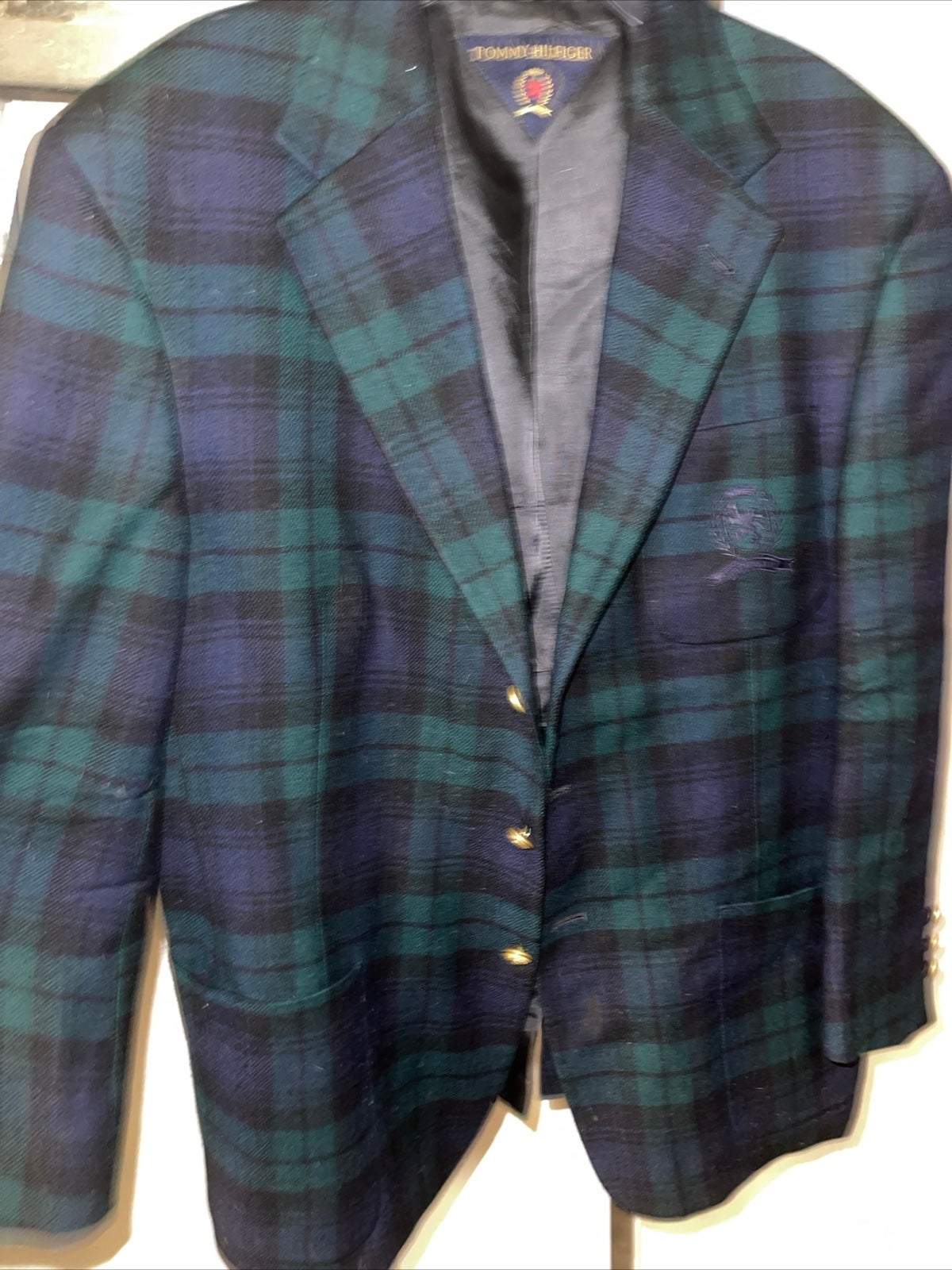 Tommy Hilfiger Modern-Fit Blue Check Plaid Wool Blazer Jacket Blue Green Sz M