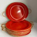 Vintage Mid-Century Enamel Camping Plates with Rattan Liners