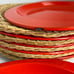 Vintage Mid-Century Enamel Camping Plates with Rattan Liners