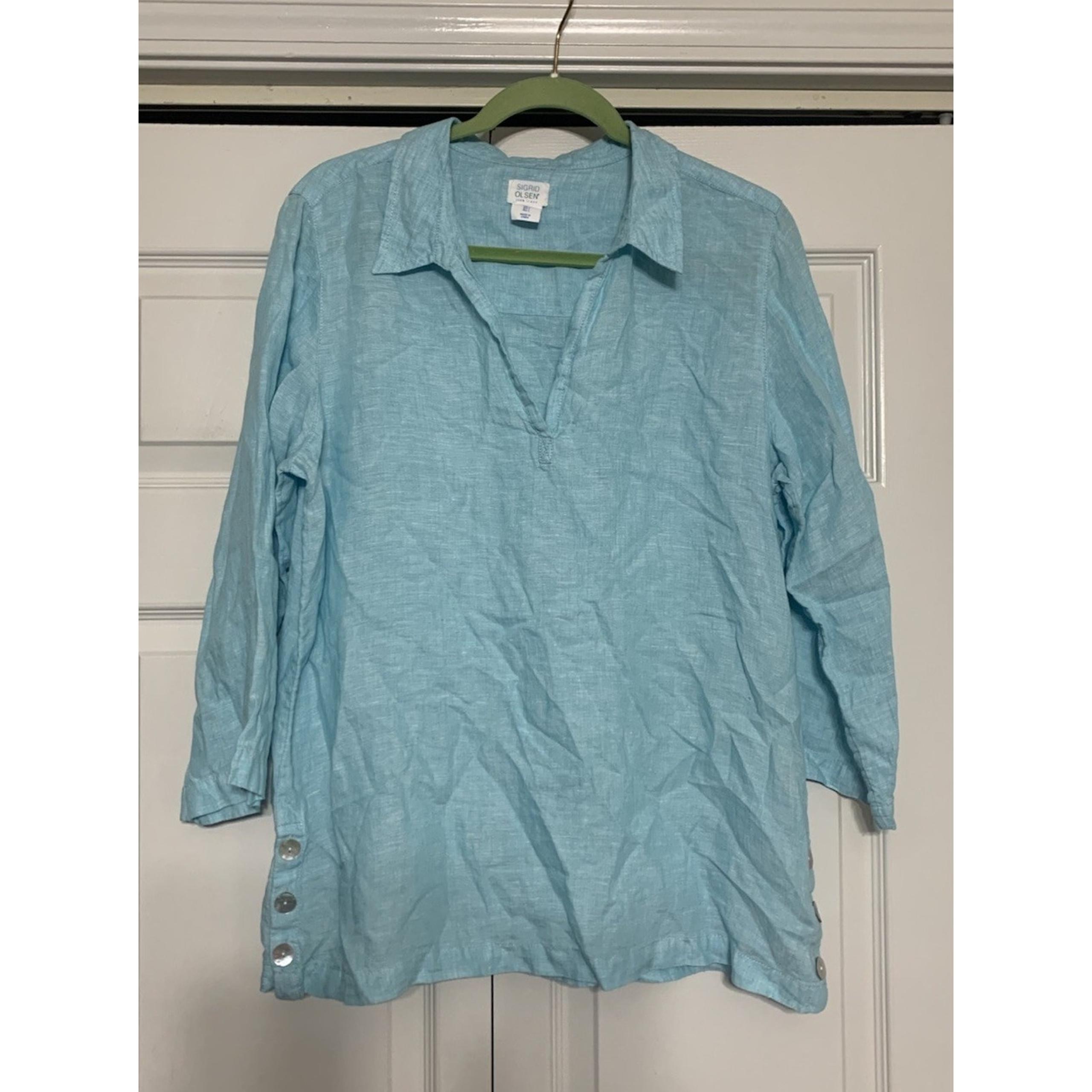 Sigrid Olsen 100% Linen Turquoise Aqua Blue Tunic Top Beachy Coastal Grandma L