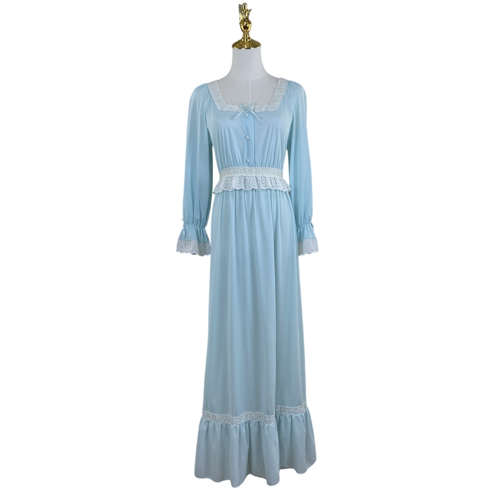 Vintage 70s SEARS Blue Nylon Boho Prairie Eyelet Lace Trim Long Nightgown Size S