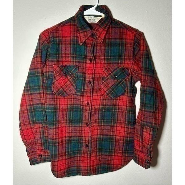 Vintage 1960s Woolrich The Woman Red & Green Plaid Button Flannel Shirt Sz 12