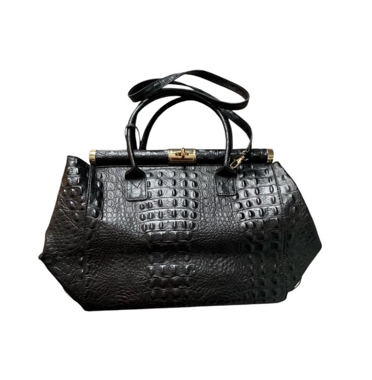 Vittoria Pacini Elegant Black Leather Crocodile-Embossed Handbag