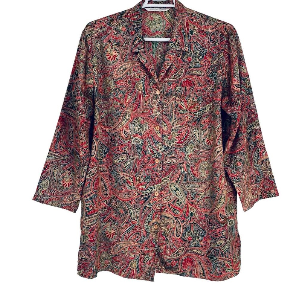 Vintage 90's Victoria's Secret L Satin Button Up Paisley Sleep Shirt Long Sleeve