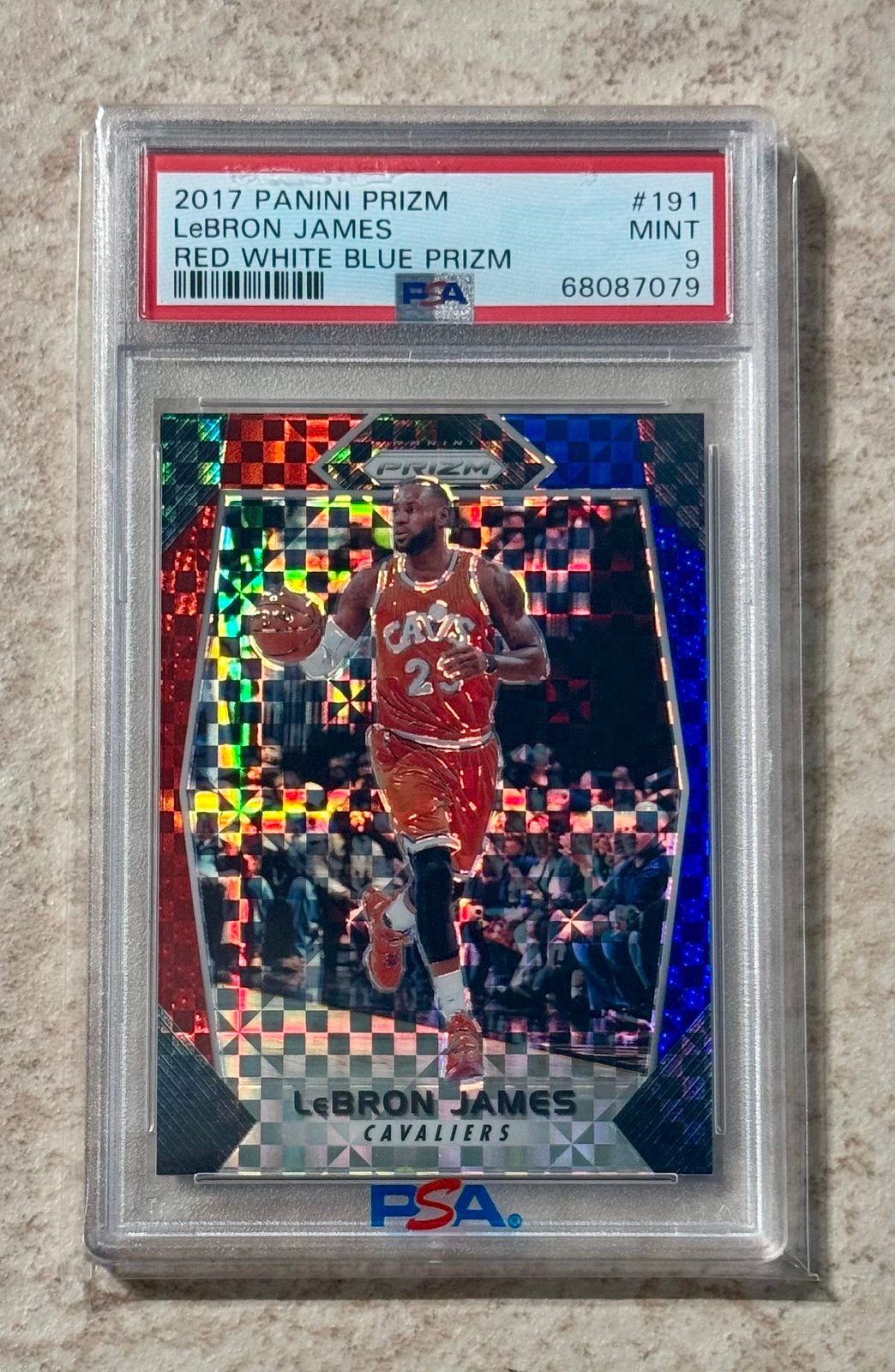 2017-18 PANINI PRIZM LEBRON JAMES 191 RED WHITE BLUE PSA 9 MINT LAKERS