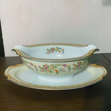 Vintage Noritake Medean Floral Gravy Boat With Attached Underplate Gold Trim