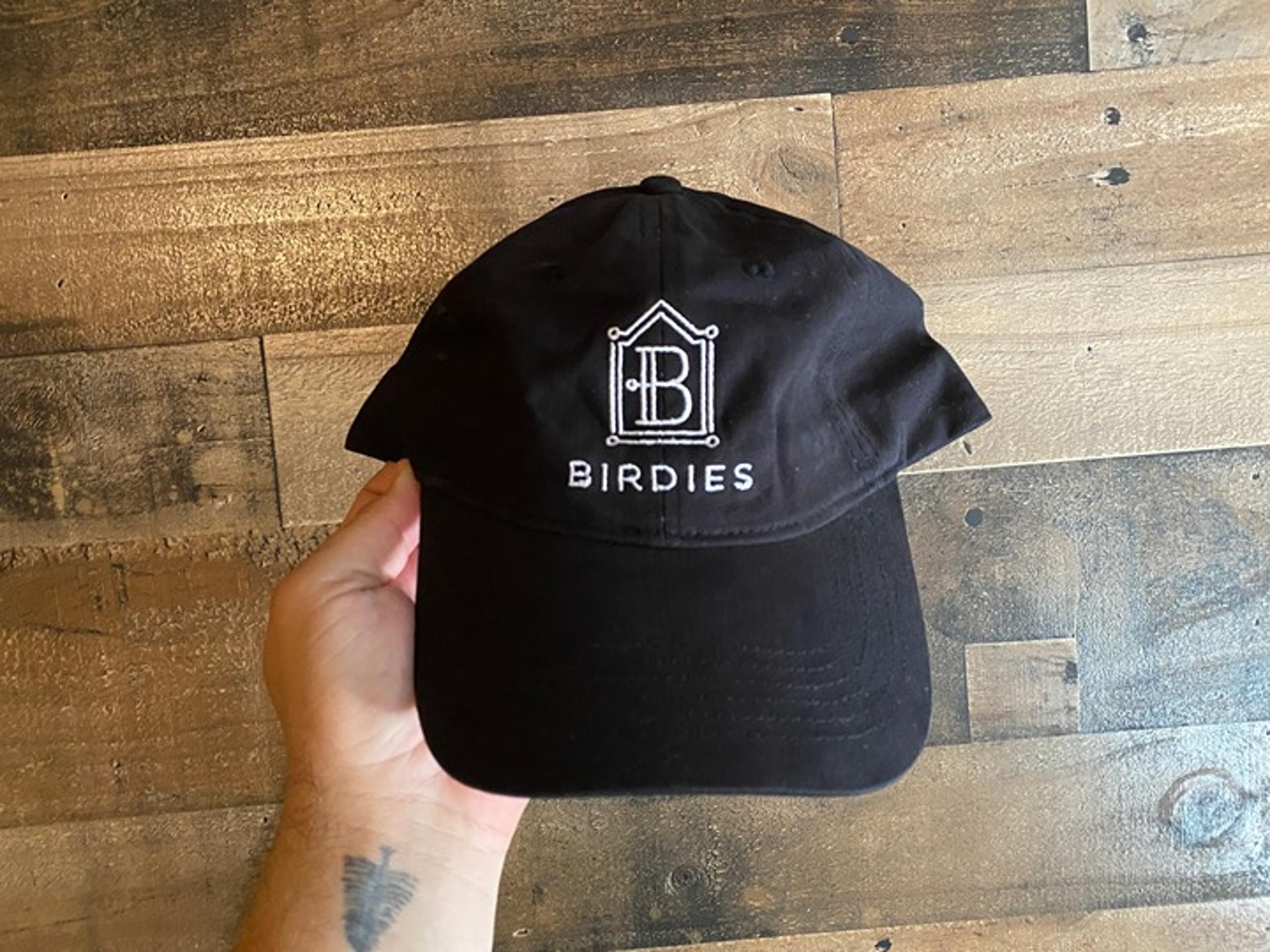 Birdies Strapback Hat Adult Mens Dad Cap Sewn Port & Company Black White Cotton
