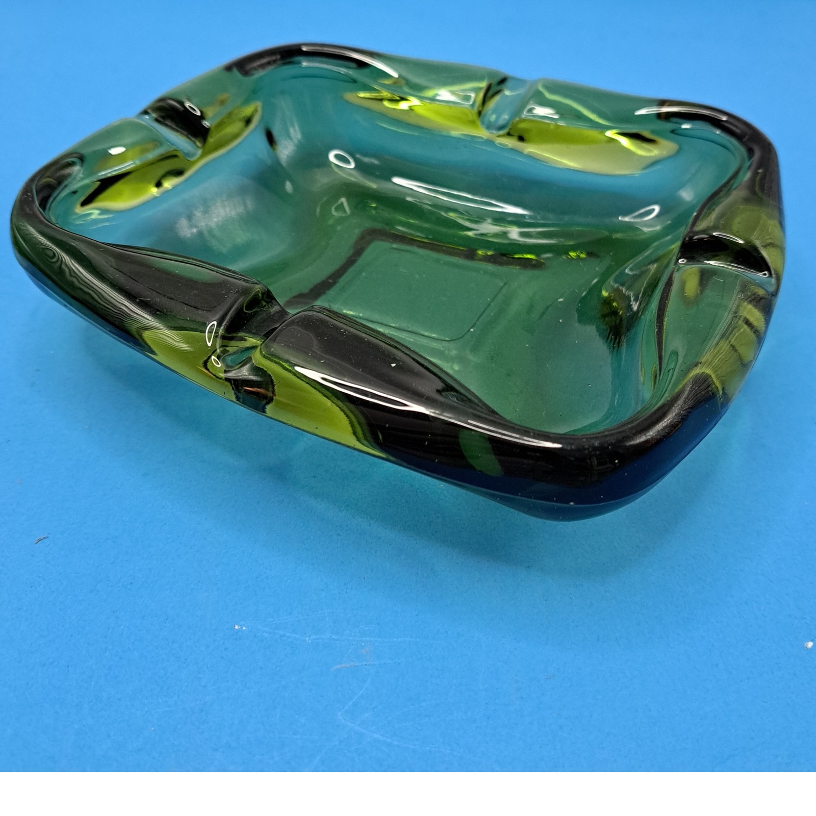 Mid Century Modern Green Art Glass Bowl Ashtray Thick Sculptural MCM Decor