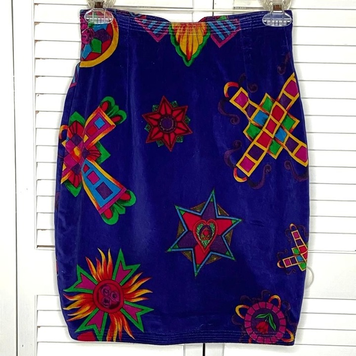 Vintage 80s VERSUS Gianni VERSACE Purple Velvet Baroque Print Pencil Skirt 38 XS