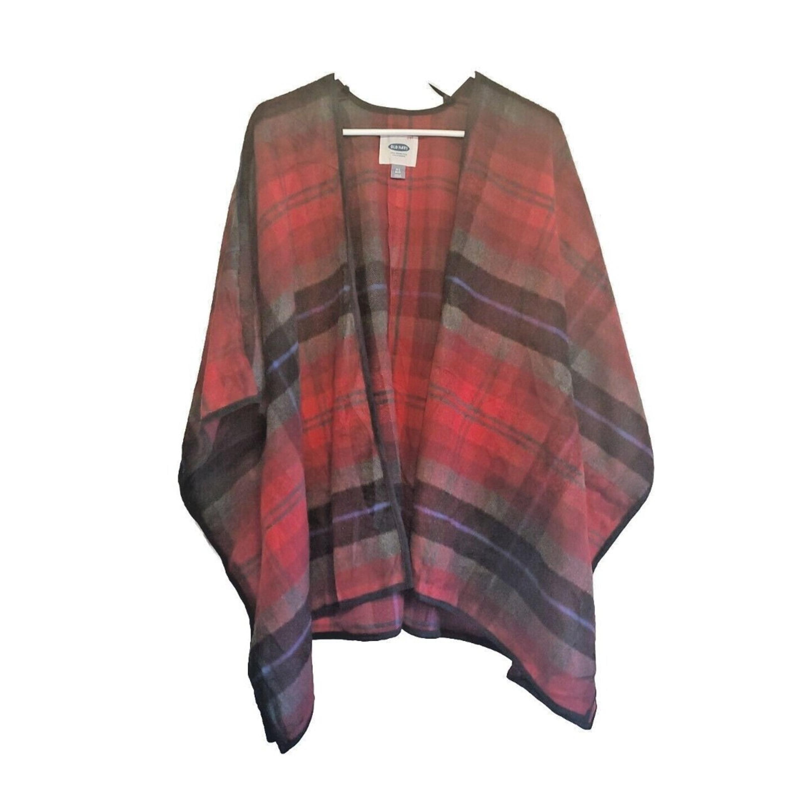 Old Navy Women’s Sz M/L Red Plaid Flannel Open Front Poncho Cardigan Shawl Cape