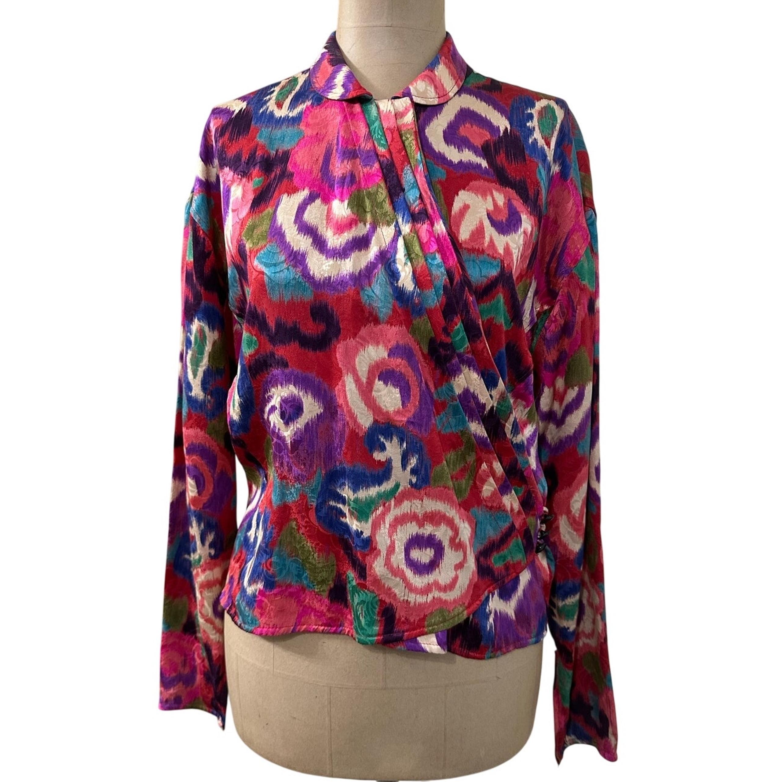 Emanuel Ungaro 1980s Floral Silk Asymmetric Blouse size 10