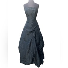 Vtg Black Satin Strapless Ruched Voluminous Fairy Whimsigoth Vamp Luxe Dress XS