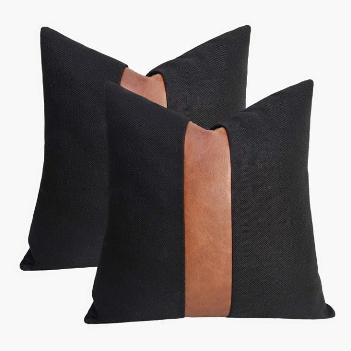 (Only Cover) Set of 2 Linen Patchwork Faux Leather Throw Pillow Covers 18x18 in