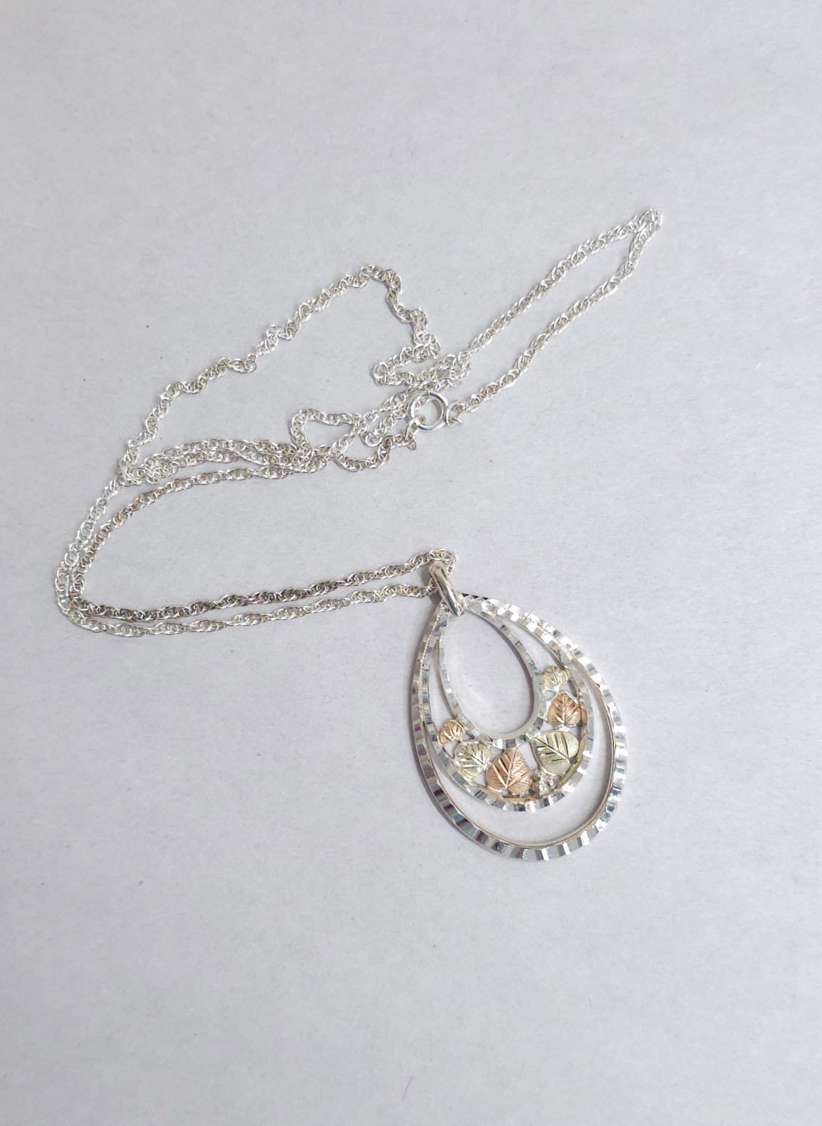 Vintage Black Hills Gold Coleman 12K & Sterling Leaves Large Pendant Necklace