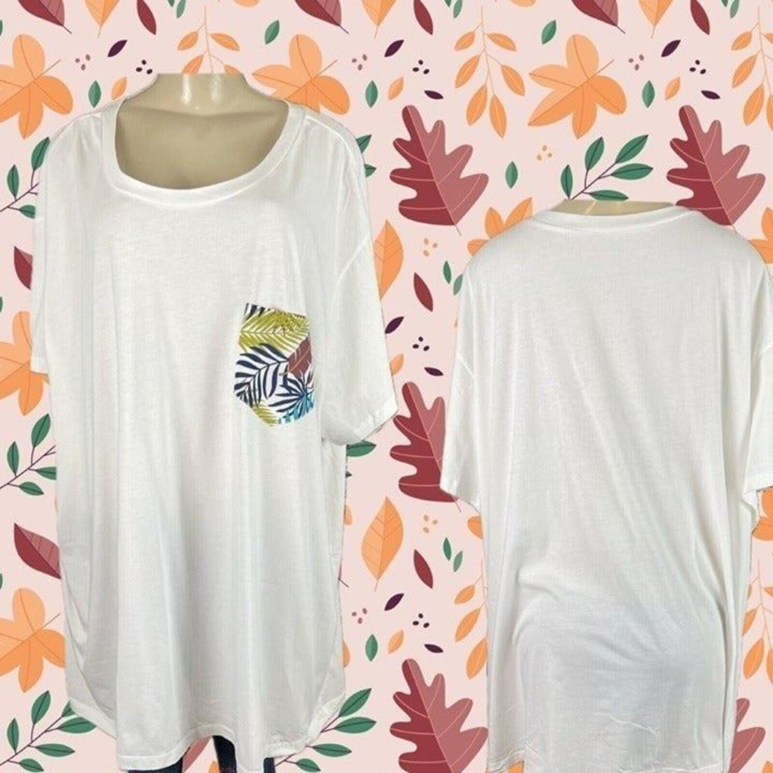 Woman Within Plus 30/32 White Crew Neck Leaf Print Chest Pocket Short Sleeve Tee
