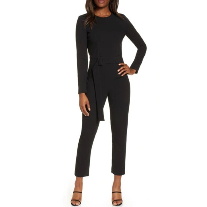 Black Halo, Long Sleeve Crew Neck Jumpsuit with belt, Black, Size 2