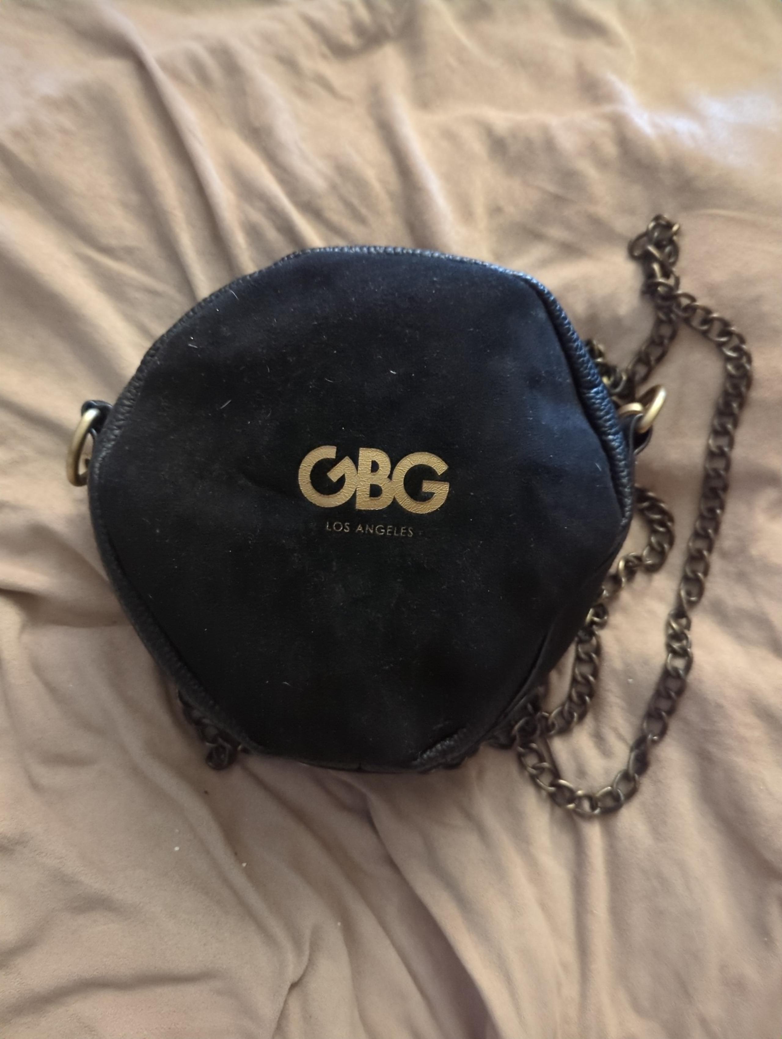 G by guess black round faux leather suede fur purse