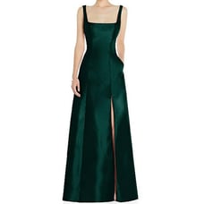 Alfred Sung Hunter Green Satin Twill Sleeveless Square Neck A-Line Gown 16 NWT