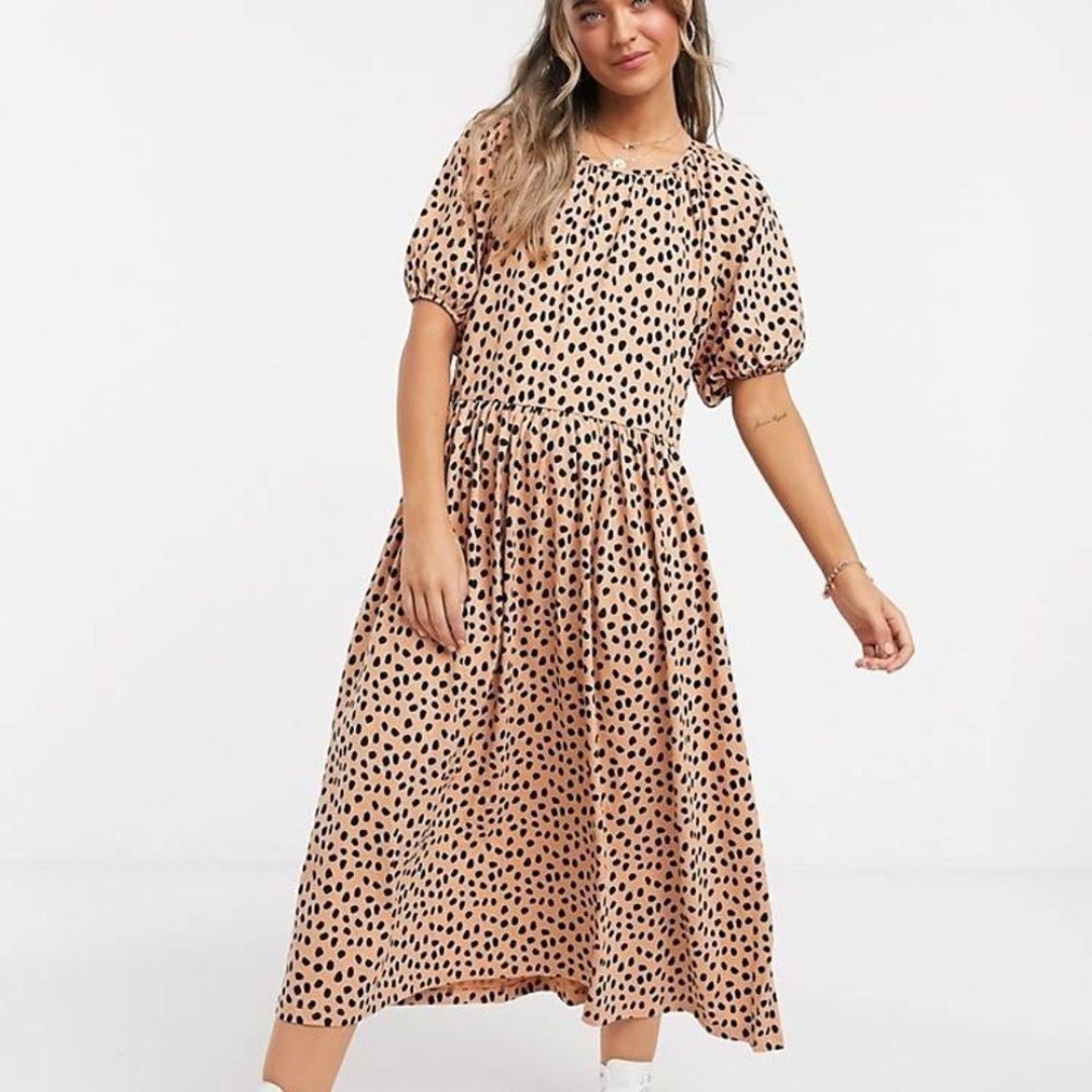 ASOS Design Gathered Neck Midi Dress in Leopard Print Size 8