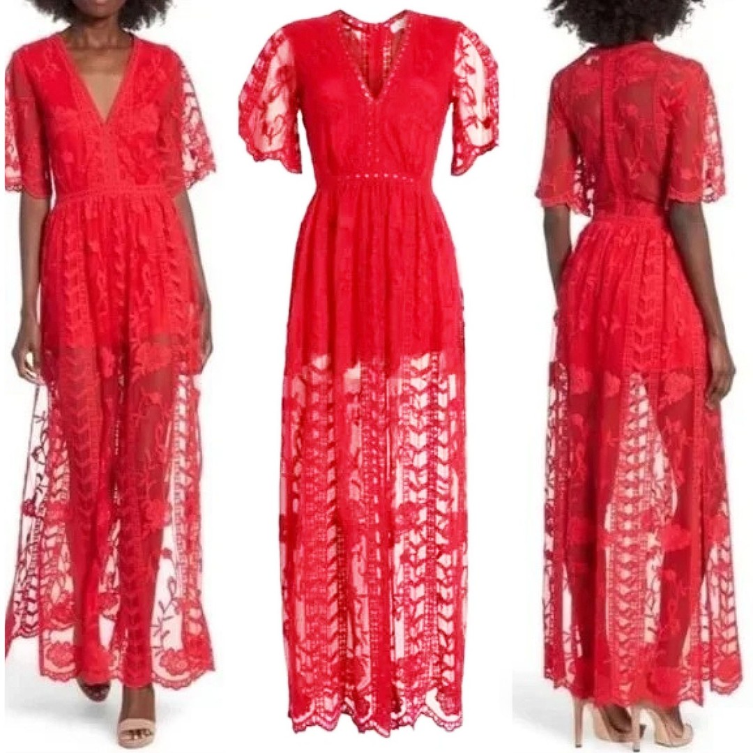 Socialite Red Lace Overlay Maxi Romper Dress (XL) Vacation Garden Wedding Party