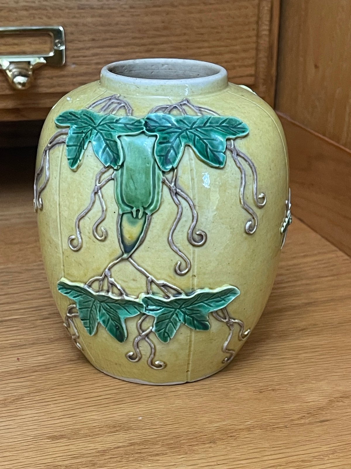 Antique Yellow Asian Majolica Vase Grand Millennial