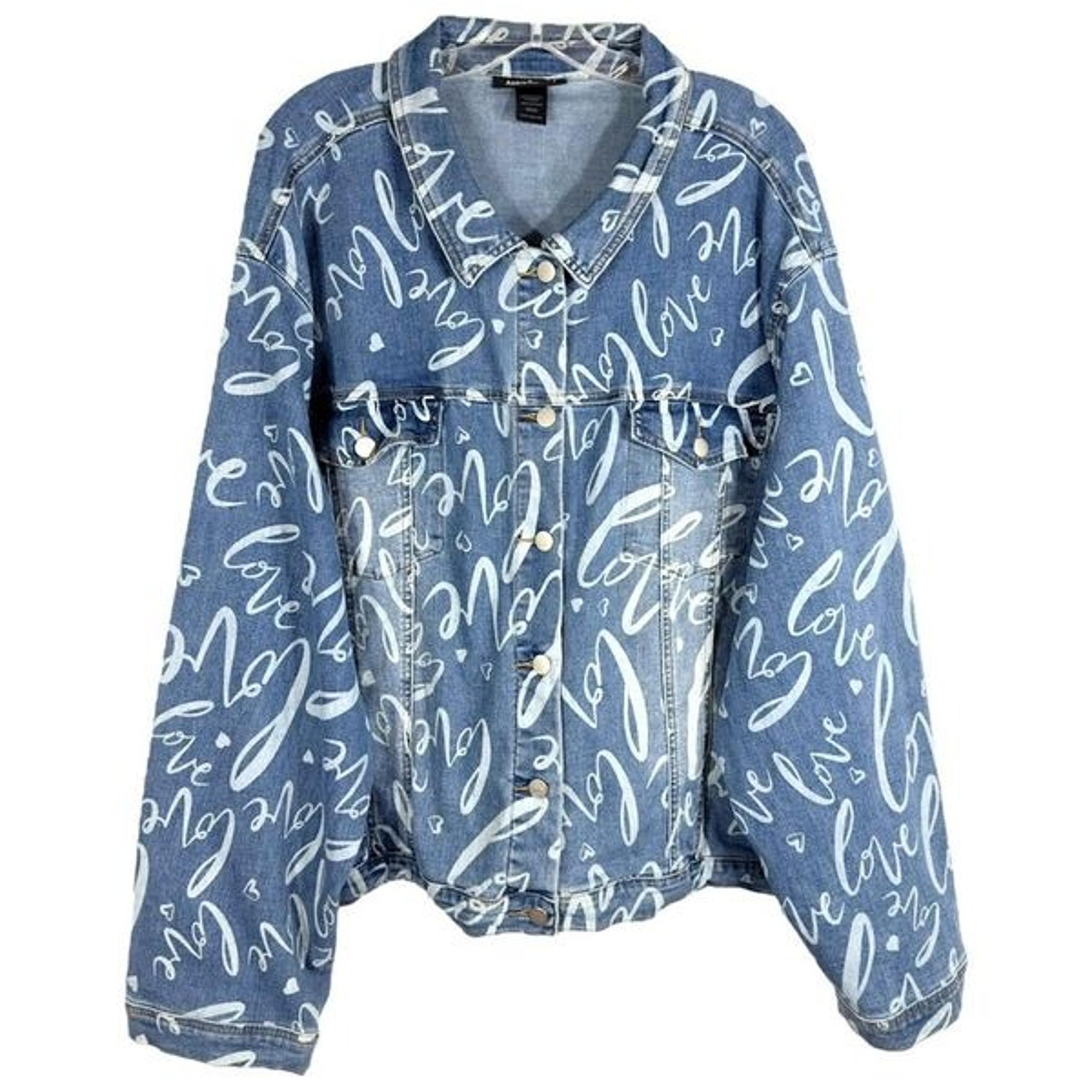 Ashley Stewart Plus Size 30W 32W Denim Jacket Love All Over Script Print 963