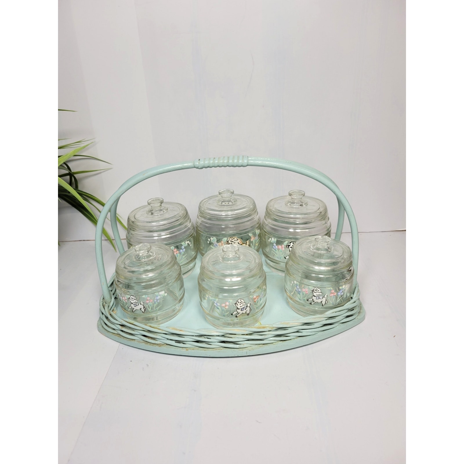 Vintage Set of Richard Krueger Nursery Jars Lambs and Blue Basket Holder