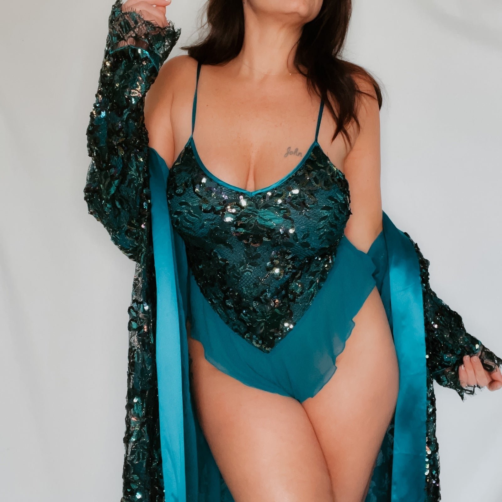 Vintage RARE Victoria's Secret Teal Silk Chiffon Sequin Bodysuit High Cut Leg M