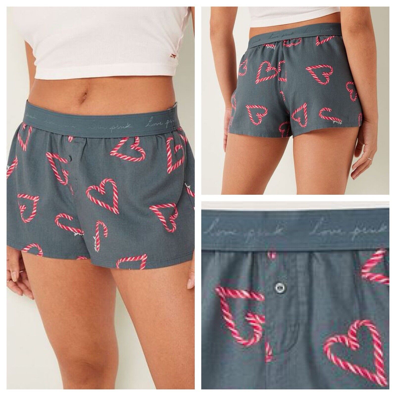 Vs Victorias Secret Pink Flannel Sleep Boxy Short Shortie Steel Candy Cane XXL