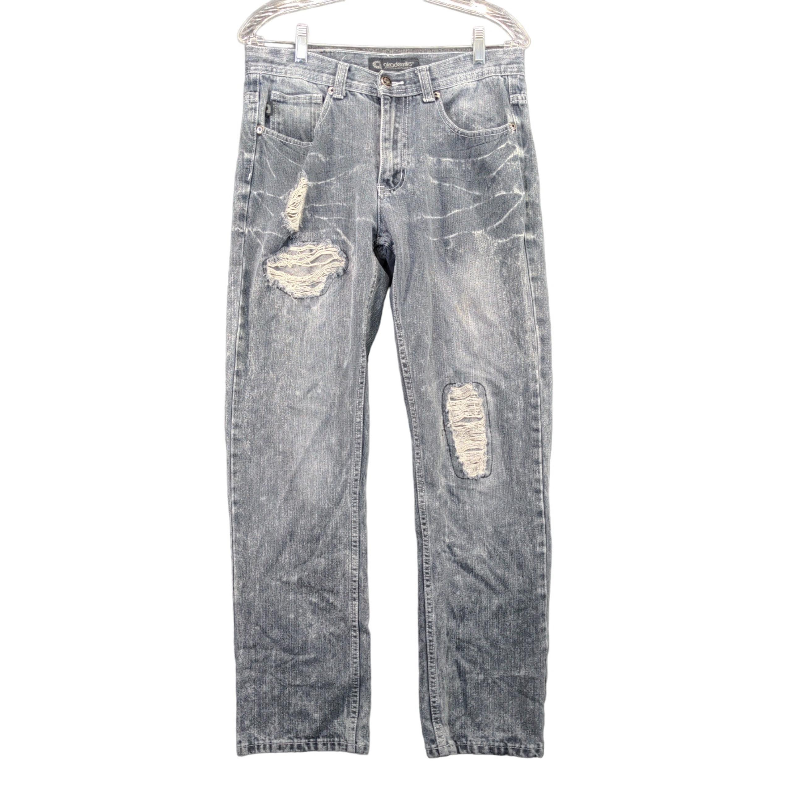 Akademiks Jeans Mens Size 32 Gray Denim Distressed 5 Pocket Belt Loops