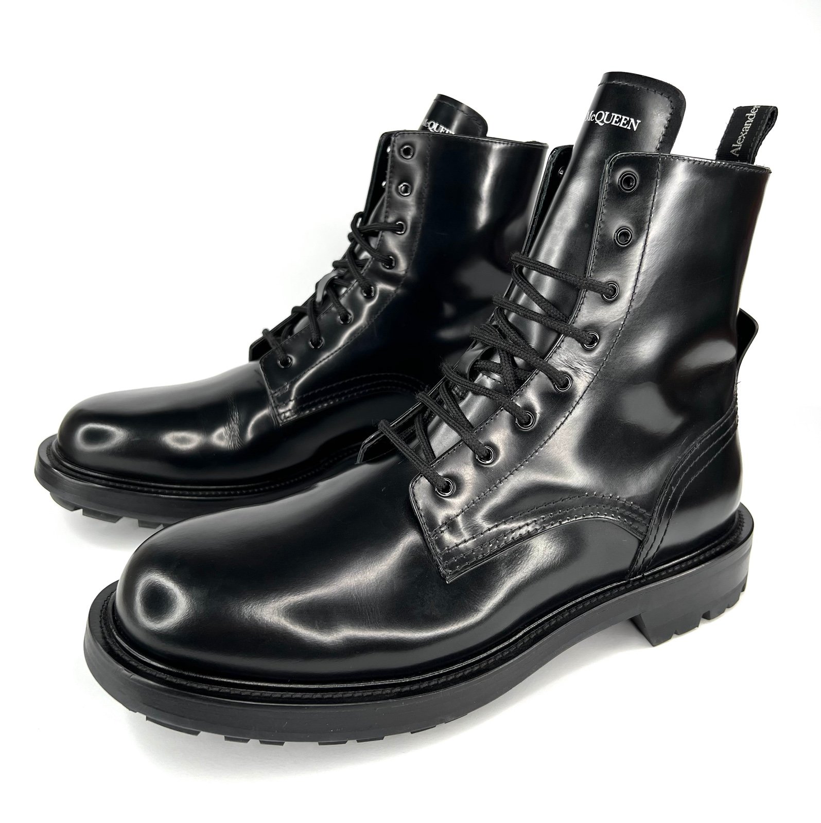 ALEXANDER MCQUEEN Round Toe Lace-up Black Leather Men's Lug Boots EU 45 - US 12