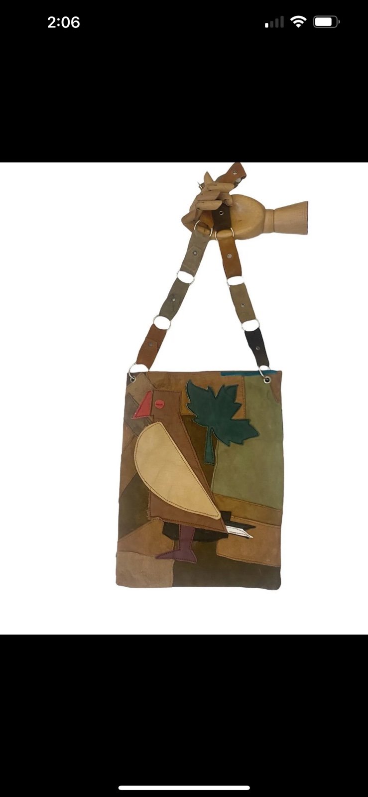 Vintage Suede Leather 70’s Funky Jungle Bird Patchwork Bag