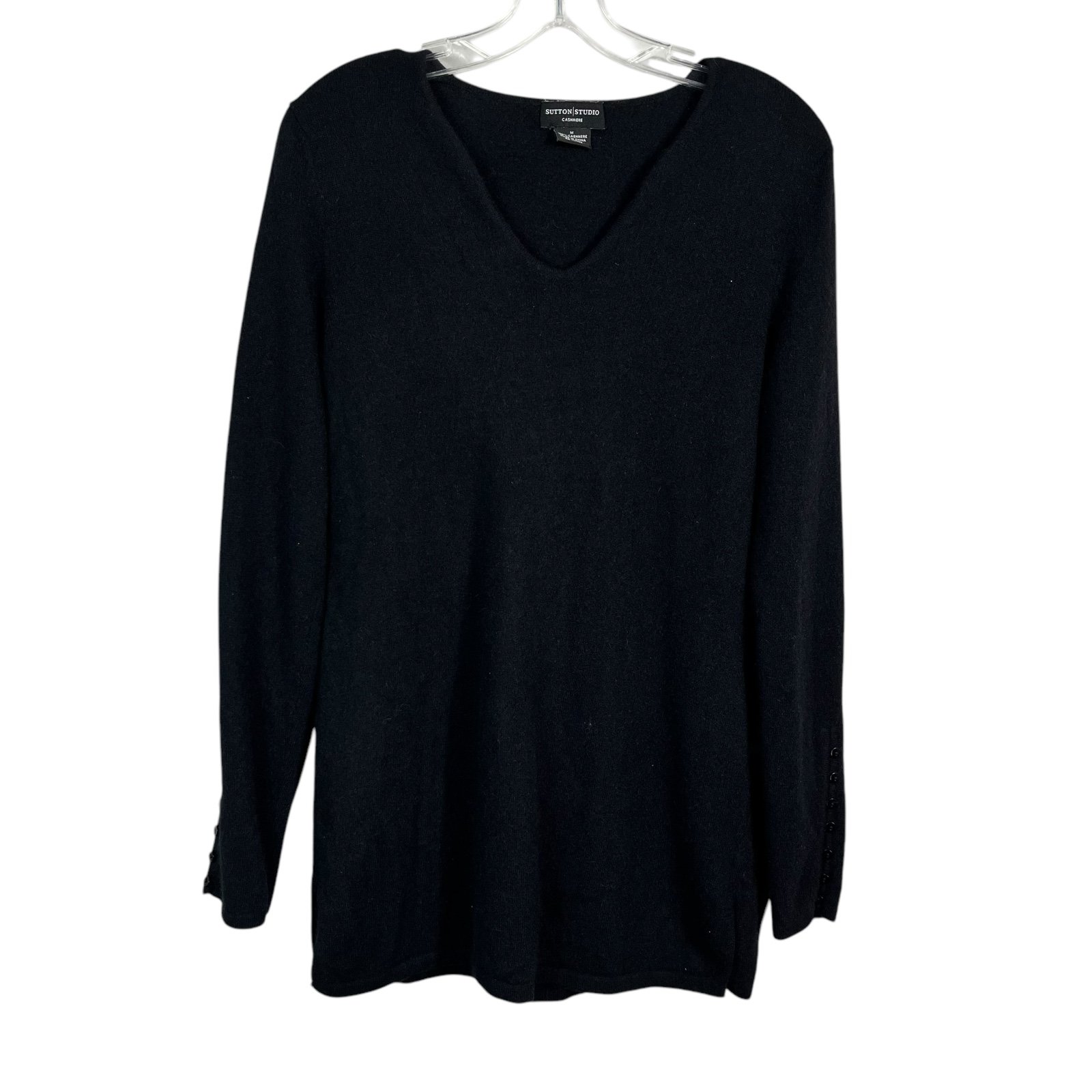 Sutton Studio 100% Cashmere Black Minimal V-Neck Fitted Sweater Medium M