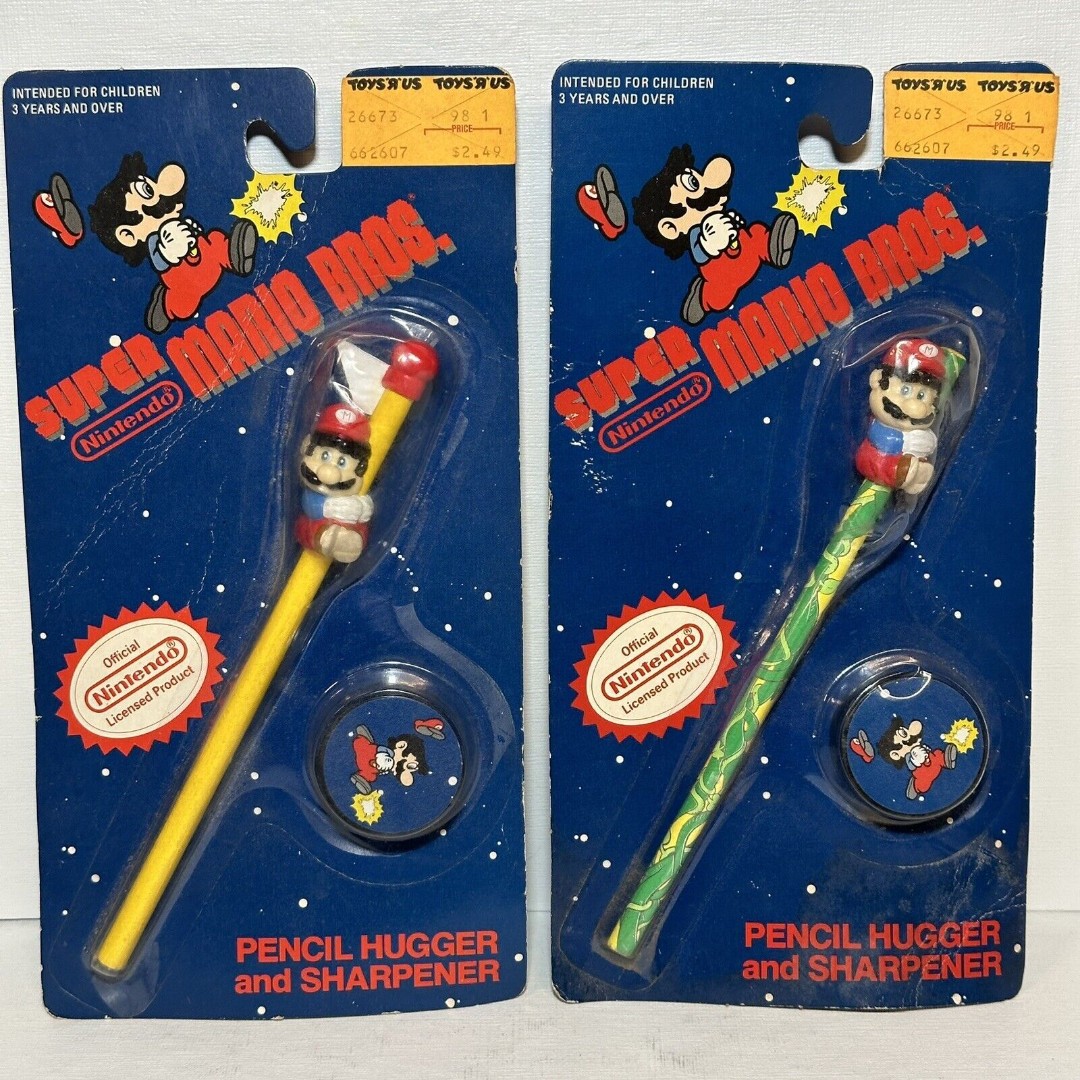 Vintage 1989 Nintendo Mario Pencil Hugger Sharpener SEALED Box Card - SET OF 2