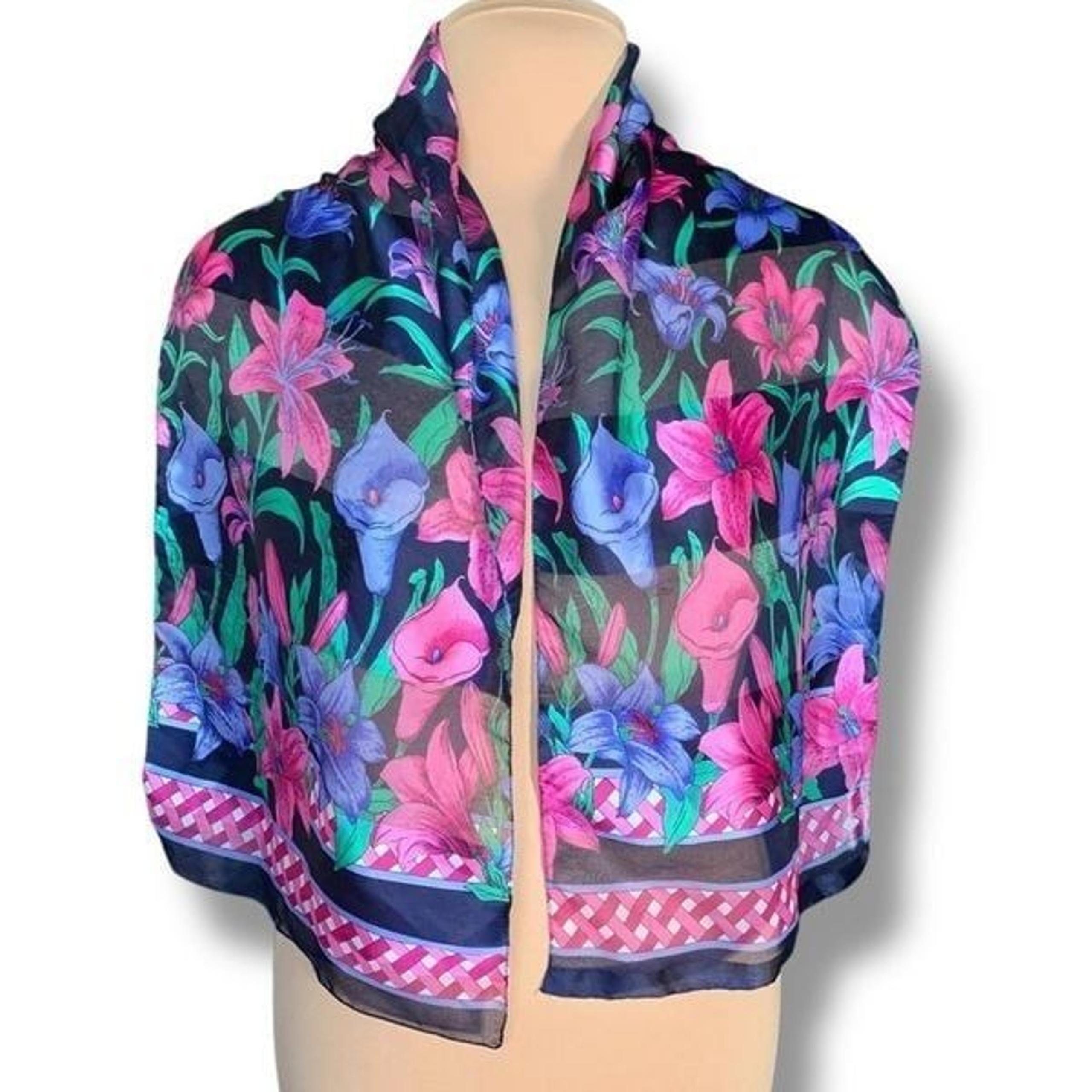 Berkshire Made in Italy Floral Scarf Sheer Bright Pink Purple Green Polyester