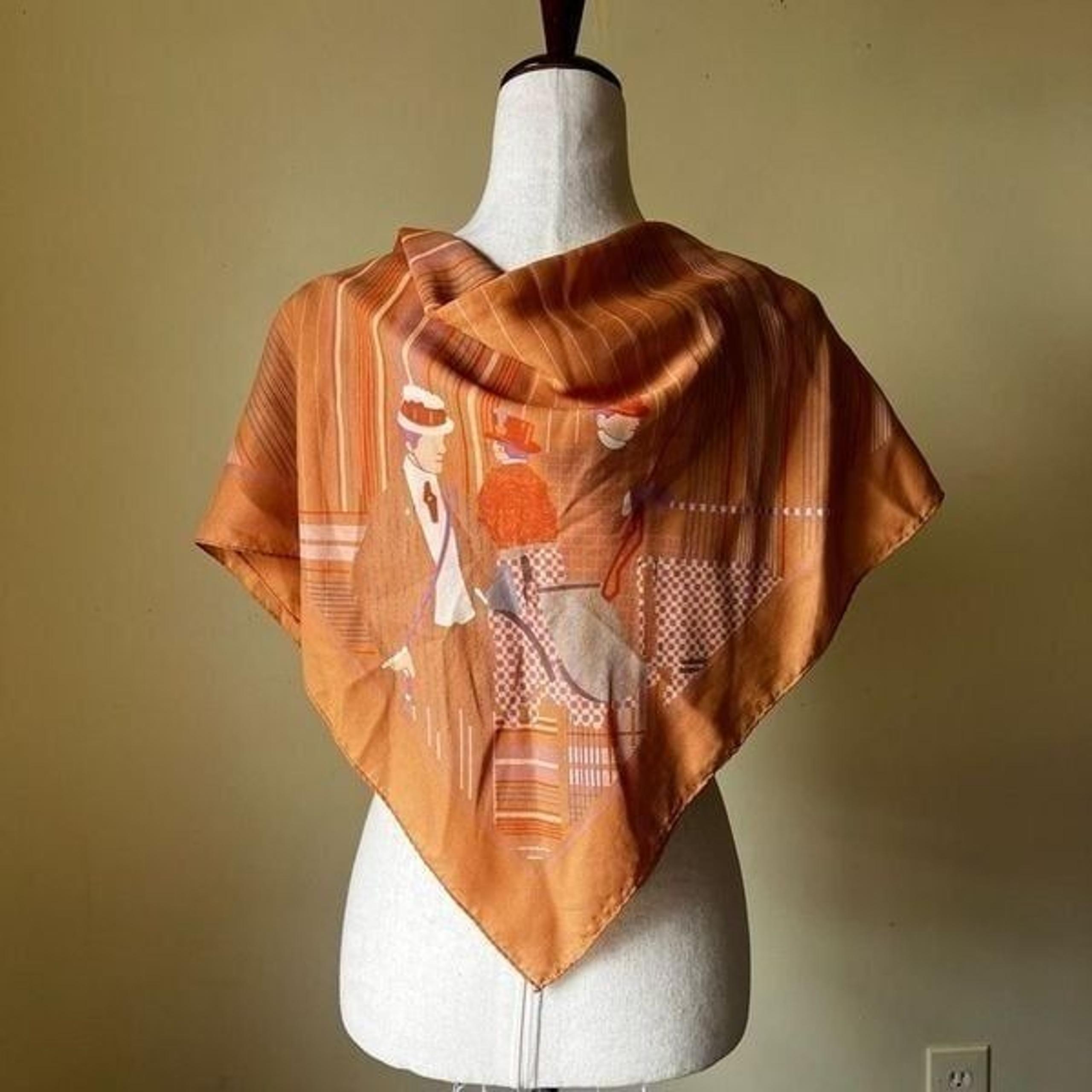 60s Vintage Large Square Scarf Orange Abstract Striped London Dandy Print